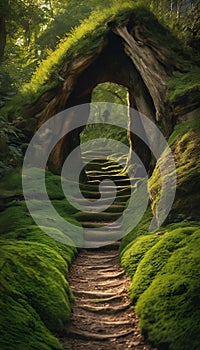 AI generated illustration of moss-covered stairs leading to an arch in a forest