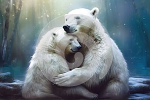 AI generated illustration of a mother polar bear embracing her cub in a serene winter forest setting