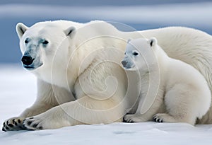 AI generated illustration of a mother polar bear and her cub in the snow