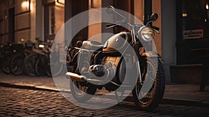 AI generated illustration of a motorcycle parked on a sidewalk in front of a building