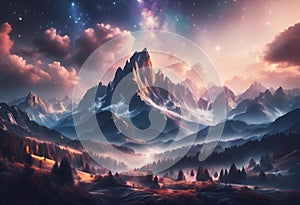 AI generated illustration of a Mountain landscape with a stunning starry sky in the center