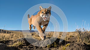 AI-generated illustration of a mountain lion running towards the camera on rocky terrain