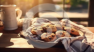 AI generated illustration of A mug and plate of freshly baked cookies on a rustic wooden tabletop