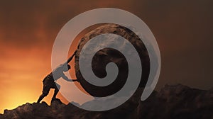 An AI generated illustration of A man pushing a large rock on top of a hill photo