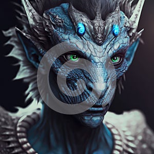 AI generated illustration of a mysterious blue creature with vibrant green eyes