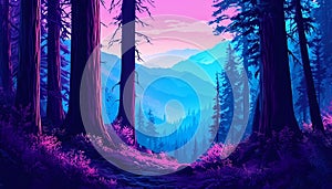 AI generated illustration of a mysterious whimsical forest at Dawn