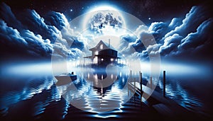 AI generated illustration of a mystical lake house under a luminous full moon