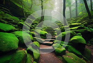 AI generated illustration of a mystical stairway rising from lush forest, made of large rocks