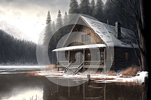 AI-generated illustration of a mystical wooden cabin by a lake and a forest
