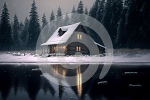 AI-generated illustration of a mystical wooden cabin by a lake and a forest