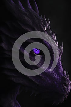 AI generated illustration of a mythical creature, a dragon, with two illuminated purple eyes