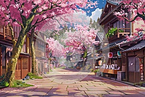 AI generated illustration of a narrow street lined with cherry blossom trees