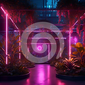 AI generated illustration of neon-lit plants and flowers in vibrant purples and reds