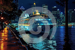 AI generated illustration of a nighttime view of a cruise ship docked in the marina