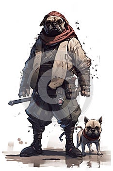 AI generated illustration of a ninja samurai bulldog with a small dog sidekick