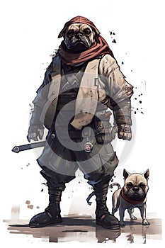 AI generated illustration of a ninja samurai bulldog with a small dog sidekick photo