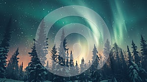 AI generated illustration of northern lights in a snow-covered forest with green aurora borealis