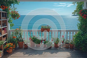 AI-generated illustration of an ocean view from a coastal home's porch adorned with potted plants