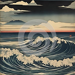 AI generated illustration of ocean wave approaching mountain at sunset, two boats beneath