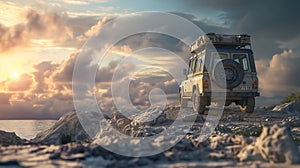 AI-generated illustration of an off-road car parked on rocky beach by the ocean