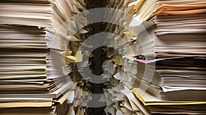 AI generated illustration of an office desk with stacks of papers and documents
