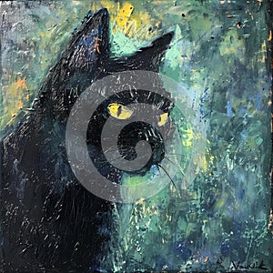 AI generated illustration of an oil painting of a black cat in a garden