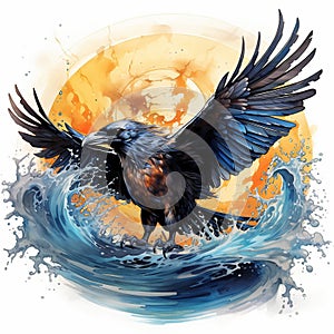 AI generated illustration of an oil painting of a crow atop a crashing wave