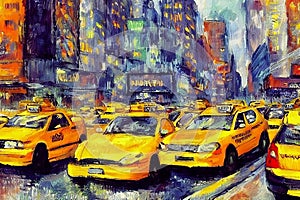 AI generated illustration of An oil painting depicting a bustling city street lined with taxis