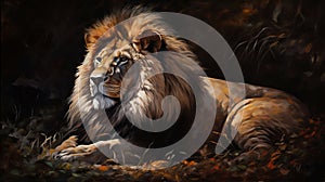 AI generated illustration of An oil painting depicting a proud lion