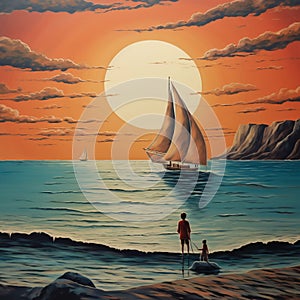 AI generated illustration of an oil painting featuring a man standing on a beach