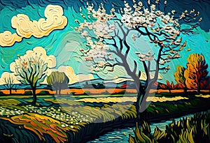 AI generated illustration of an oil painting of a landscape with a river in a field