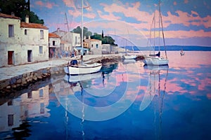 AI generated illustration of an oil painting of a Mediterranean harbor at calm pink sunset