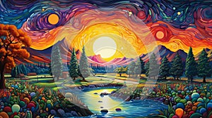 AI generated illustration of an oil painting with a river in a lush meadow against a colorful sky