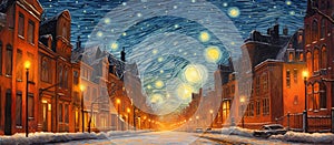 AI generated illustration of an oil painting of a winter townscape