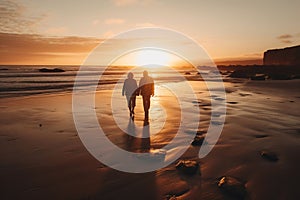 AI-generated illustration of an old couple taking a relaxing walk on a beach at sunset.