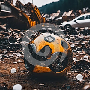 AI-generated illustration of an old metal sphere in a wrecking yard