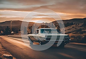 AI-generated illustration of an old muscle car driving along a winding country road at sunset