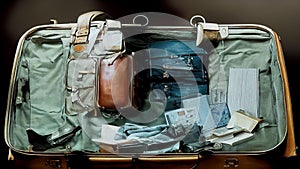 AI-generated illustration of an old open suitcase full of clothes and objects.