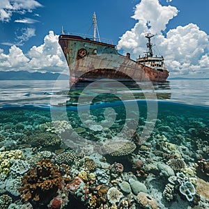 AI generated illustration of an old run aground ship photo