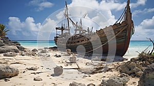 AI-generated illustration of an old shipwreck on a sandy beach