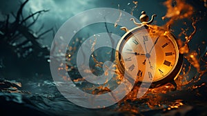 AI generated illustration of a old timepiece submerged in flames