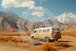 AI-generated illustration of an old van against a backdrop of desert mountains