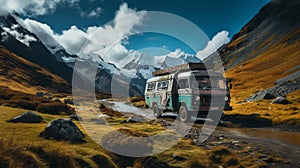 AI generated illustration of an old van driving on a winding dirt road in a mountainous area