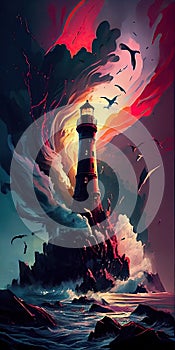 AI generated illustration of an old and weathered lighthouse against a stormy night skies