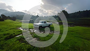 AI-generated illustration of an old white truck parked in a picturesque green field