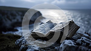 AI generated illustration of An open book lying on the rocky shoreline of an ocean.