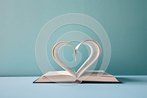 AI generated illustration of an open book with pages folded in a heart shape on a green background