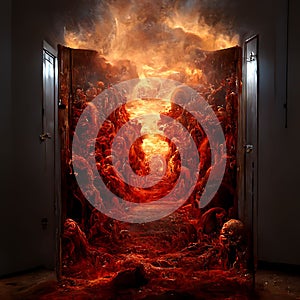 AI generated illustration of open doors to hell with burning orange flames