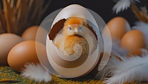 AI generated illustration of an orange baby chick hatches from an eggshell