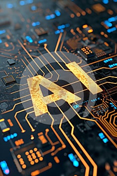 AI-generated illustration of Orange and blue letters "AI" on circuit board with digital lights